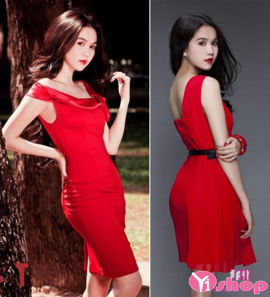 Mặc váy đầm liền thân màu đỏ tỏa sáng như ngọc trinh
